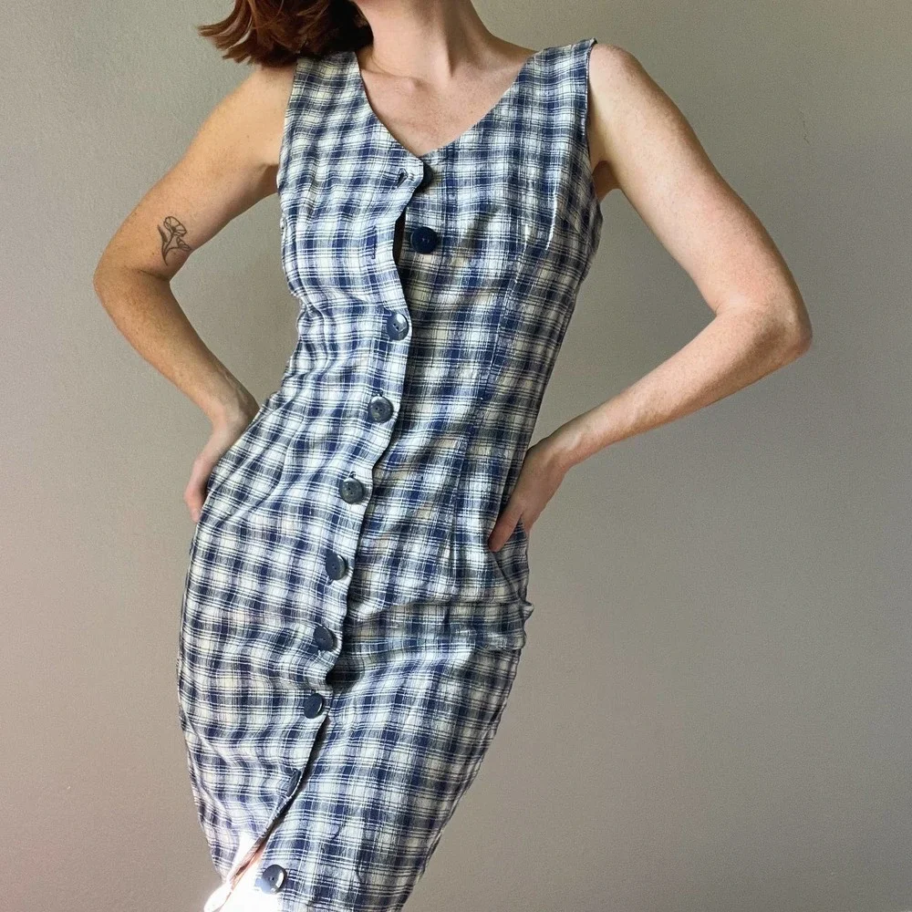 Vintage 1990s Blue Plaid Button Up Sleeveless Fitted Mini Dress - Picture 2 of 5